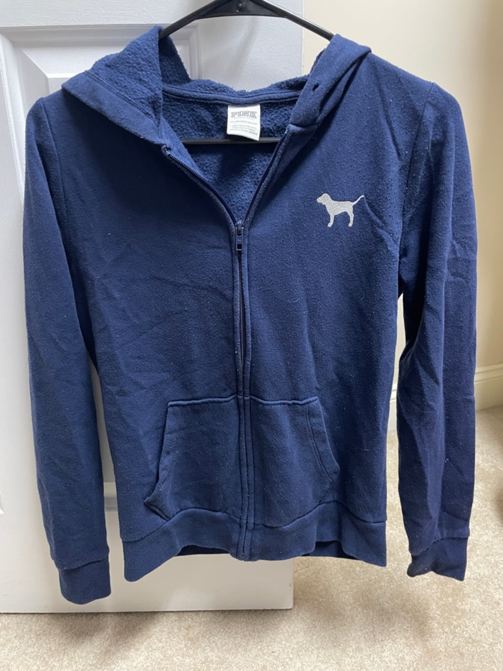 PINK Victoria's Secret Navy Zip-Up Hoodie with Dog Logo glitter back